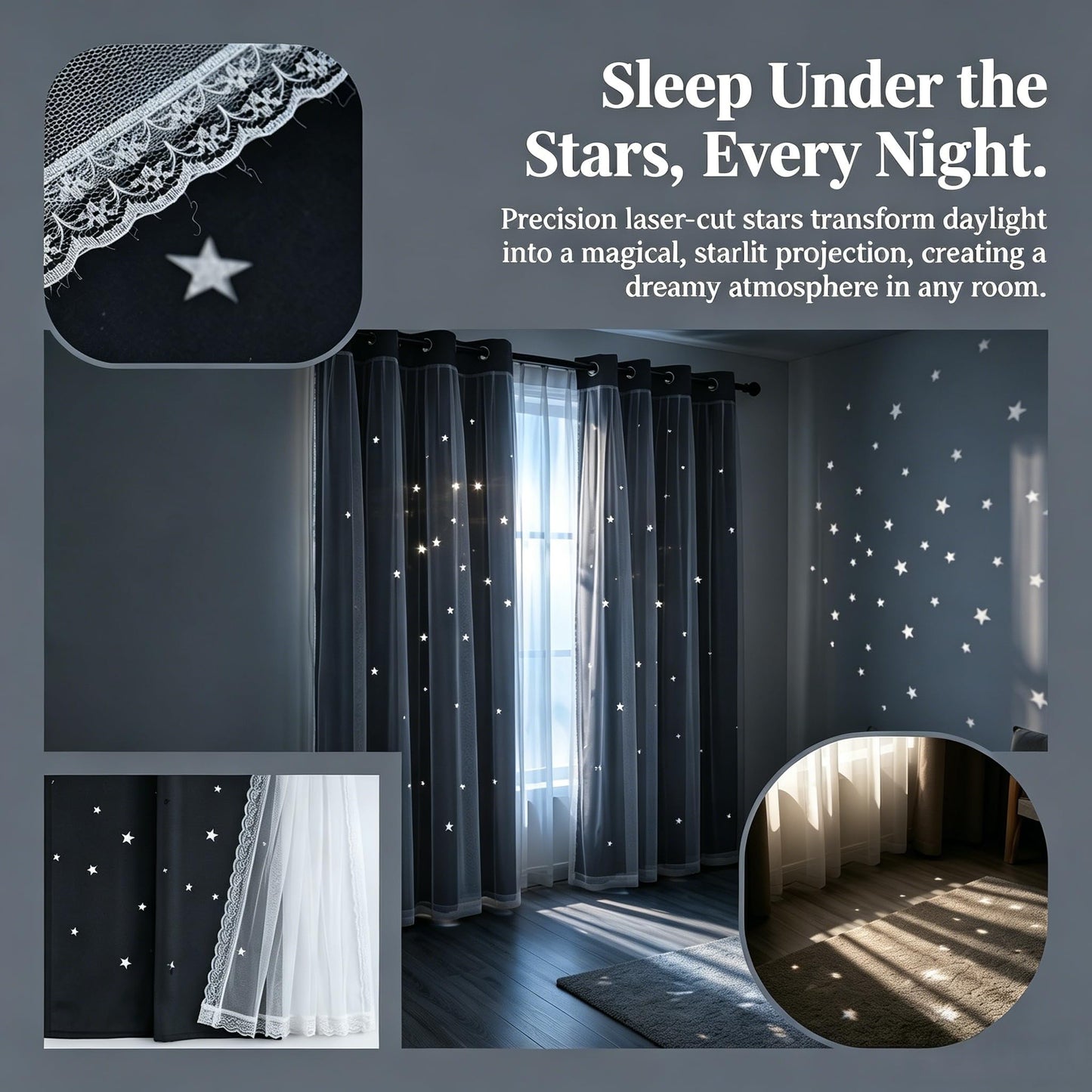 Kinryb Grey Star Curtains for Bedroom Star Hollow Out Blackout Curtains for Kids Room Decor Double Layer Cut Out Window 2 Panel with Tiebacks 52W x 84L Grey