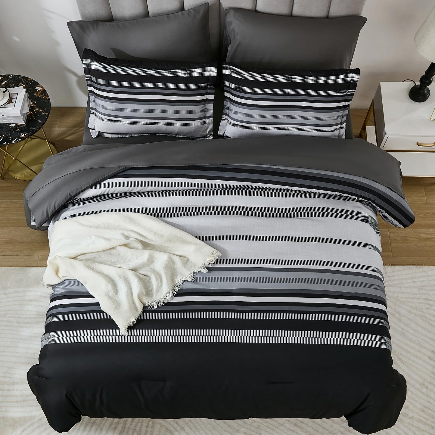 Dobuyly Black Comforters Queen Size Set 7 Pieces, Boho Striped Grey Bed in a Bag Queen Soft Microfiber Bedding Set with Comforter, Sheets, Pillowcases & Shams All Season