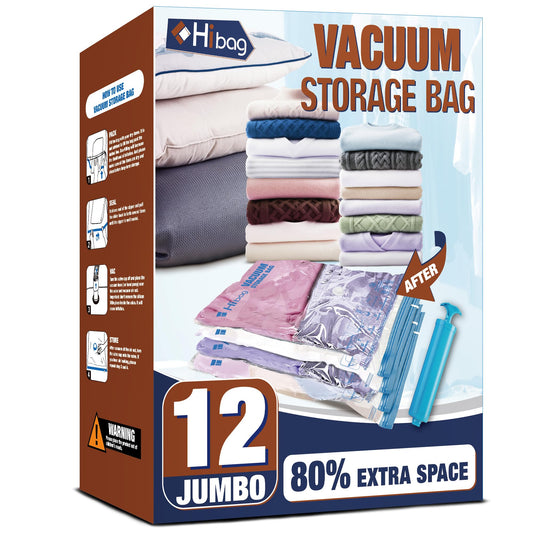 HIBAG Vacuum Storage Bags, 12 Jumbo Vacuum Seal Bags for Clothing, Space Bags for Clothes, Comforters, Blankets, Bedding (12J)