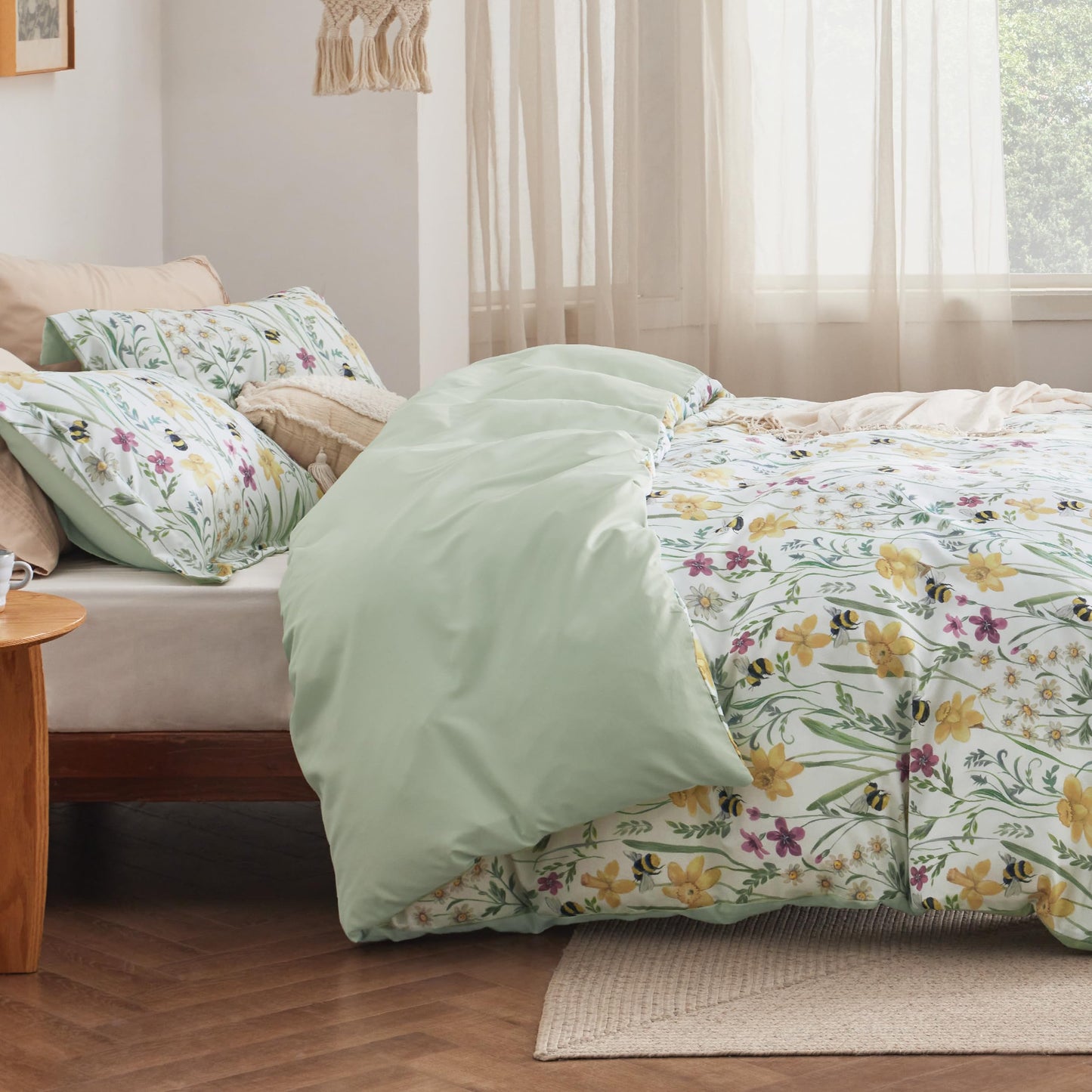 Bedsure Duvet Cover King Size - Reversible Floral Patterned Duvet Cover Set with Zipper Closure, 3 Pieces Green Bedding Set with 8 Corner Ties and 2 Pillow Shams 20"x36"