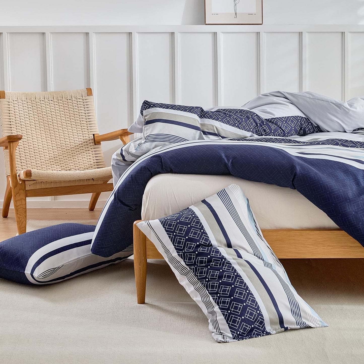 Lekesky Boho Duvet Cover Queen, 3 Pieces Blue Striped Duvet Cover Set Soft Bohemian Bedding Aztec Comforter Cover Set Queen Size with Hidden Zipper & Corner Ties (1 Duvet Cover 90x90 inches)