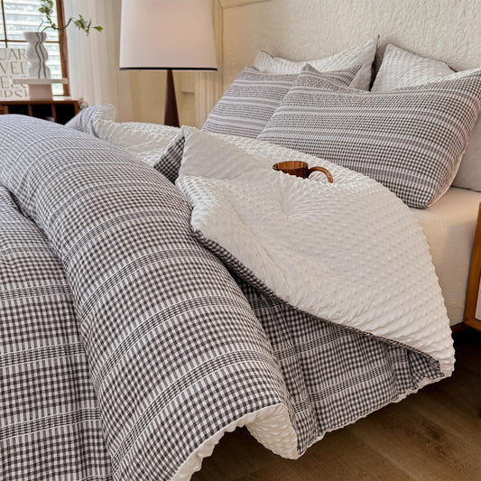 tohrisa Boho Comforter Set Twin Size - 2 Pieces Lightweight Jacquard Seersucker Bedding Sets (1 Soft Fluffy Grid Comforter & 1 Pillowcase) - All Seasons Cozy Modern Bed Set(68"x90" Dark Grey)