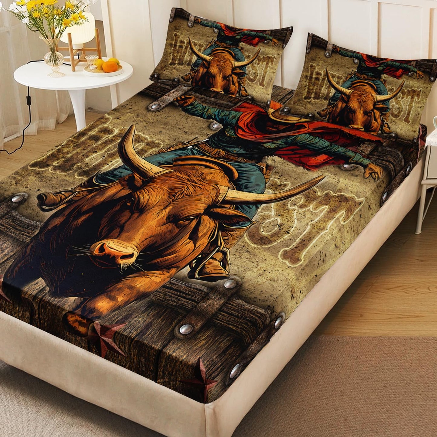 HOSIMA Cowboy Twin Fitted Sheet,Cowboy Riding Cattle Print Western Bedding for Adults Teens Boys Room Decor,Fence Stars Background Pattern Lightweight Bedding,1 Fitted Sheet+2 Pillowcases.