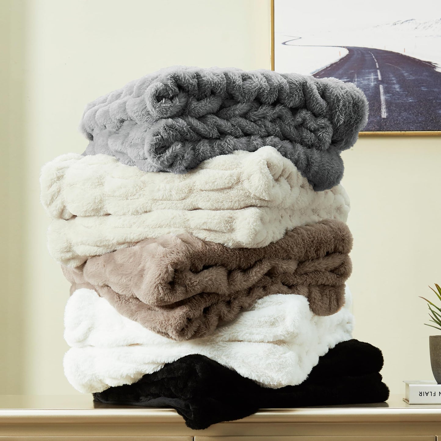 JONIYEAR Solid Soft Fuzzy Ruched Faux Rabbit Fur Throw Blanket 50" x 60", Decorative Shaggy Fluffy Raffle Blanket for Couch Sofa, Cute Cozy Accent Puffy Furry Blankets, Warm Blankets for Winter, White
