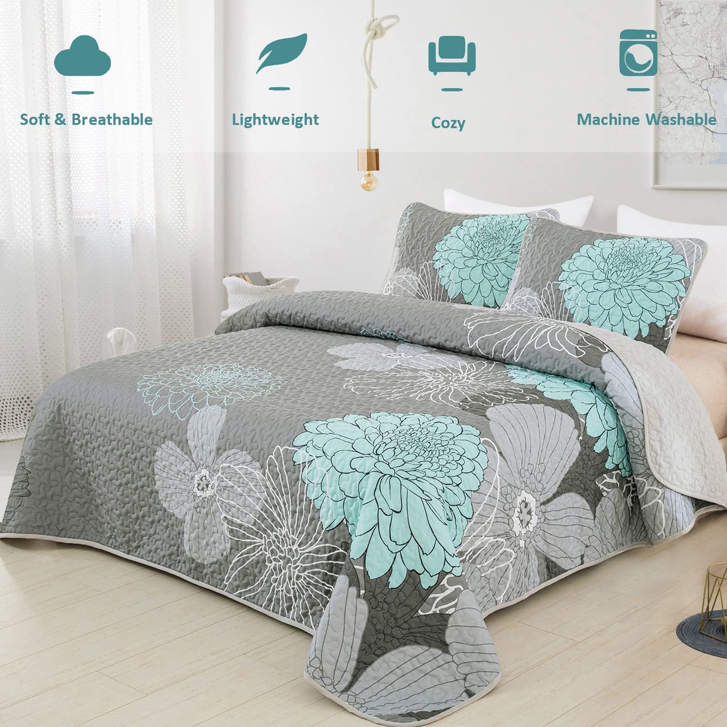 Anibedding Green Floral Queen Size Quilt Set - 3 Pieces Boho Flower Quilt Coverlet Elegant Bohemian Bedspread with 2 Pillowcases Soft Lightweight Bedding Quilts for Adults (Green,96"x90")