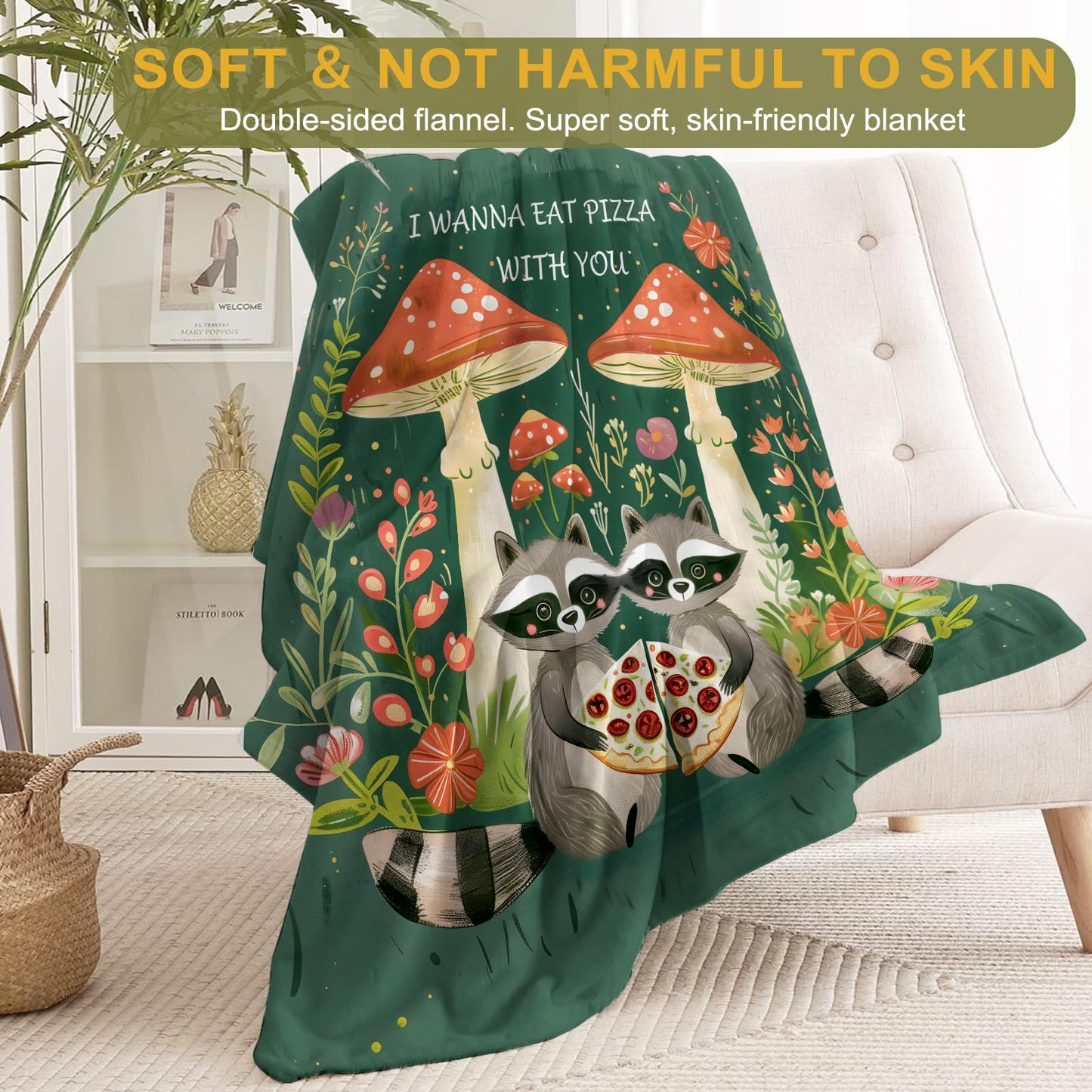 ainori Raccoon Flannel Blanket - Lightweight Soft Cozy Gifts Blankets for Kids,Adult,Women,Pizza with Mushroom Forest Art Style Throw,Elegant Home Room Modern Whimsical Decor 50x60in