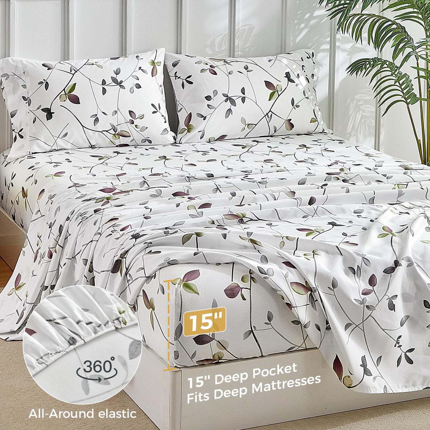 Tokokimo Floral Sheets Set King Size, 16 inches Deep Pocket Fitted Sheet, Flat Sheet & Envelope Closure Pillowcases, Soft Breathable Microfiber Sheet Set 4-Piece, White Leaf Floral