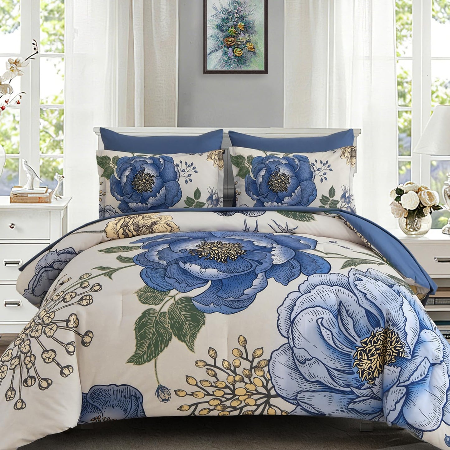 Luxudecor Beige Floral King Comforter Set 7 Pieces Bed in a Bag, Blue Flower Print on Beige Bedding Set,Soft Reversible Comforter with Sheets 104"x90"