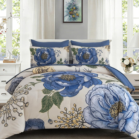 Luxudecor Beige Floral King Comforter Set 7 Pieces Bed in a Bag, Blue Flower Print on Beige Bedding Set,Soft Reversible Comforter with Sheets 104"x90"