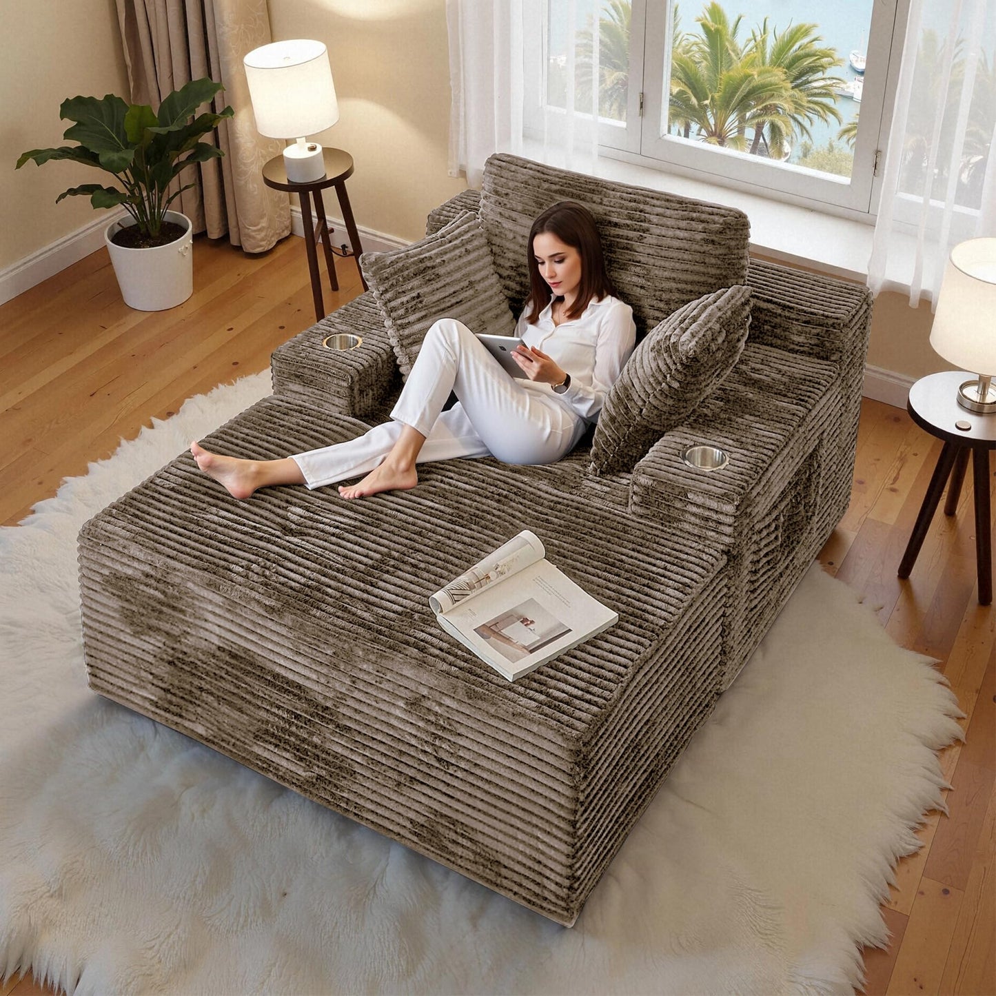 CHORRO 66" Chaise Lounge Chair Indoor,Oversized Boneless Single Sleeeper Couch Bed,Corduroy Cloud Sofa with 3 Soft Pillows for Livingroom,Bedroom,No Assembly,(Khaki)
