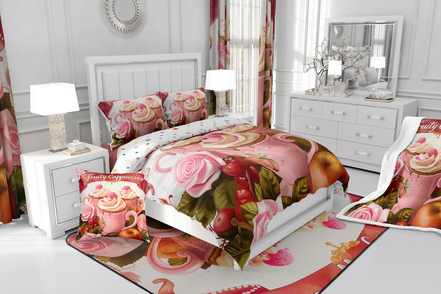 Erosebridal Fruity Cappuccino Comforter Set Full Size,Yummy Coffee Bedding Set for Kids Teens,Oil Painting Fruit (Comforter+Fitted+Flat Sheet+2 Pillowcases+2 Throw Pillow Covers) 7 Pieces Bed Set