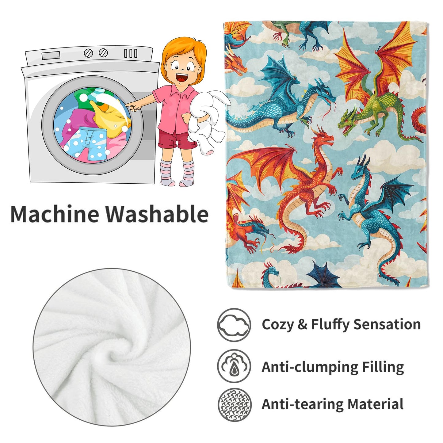 VODRM Dragon Blanket,50x60in,Cute Fire-Breathing Dragons in Sky Throw Blankets,Gifts for Kids Girls Boys, Lightweight Soft Fleece Cozy,for Sofa Couch Bed Room Travel Adventure Decor