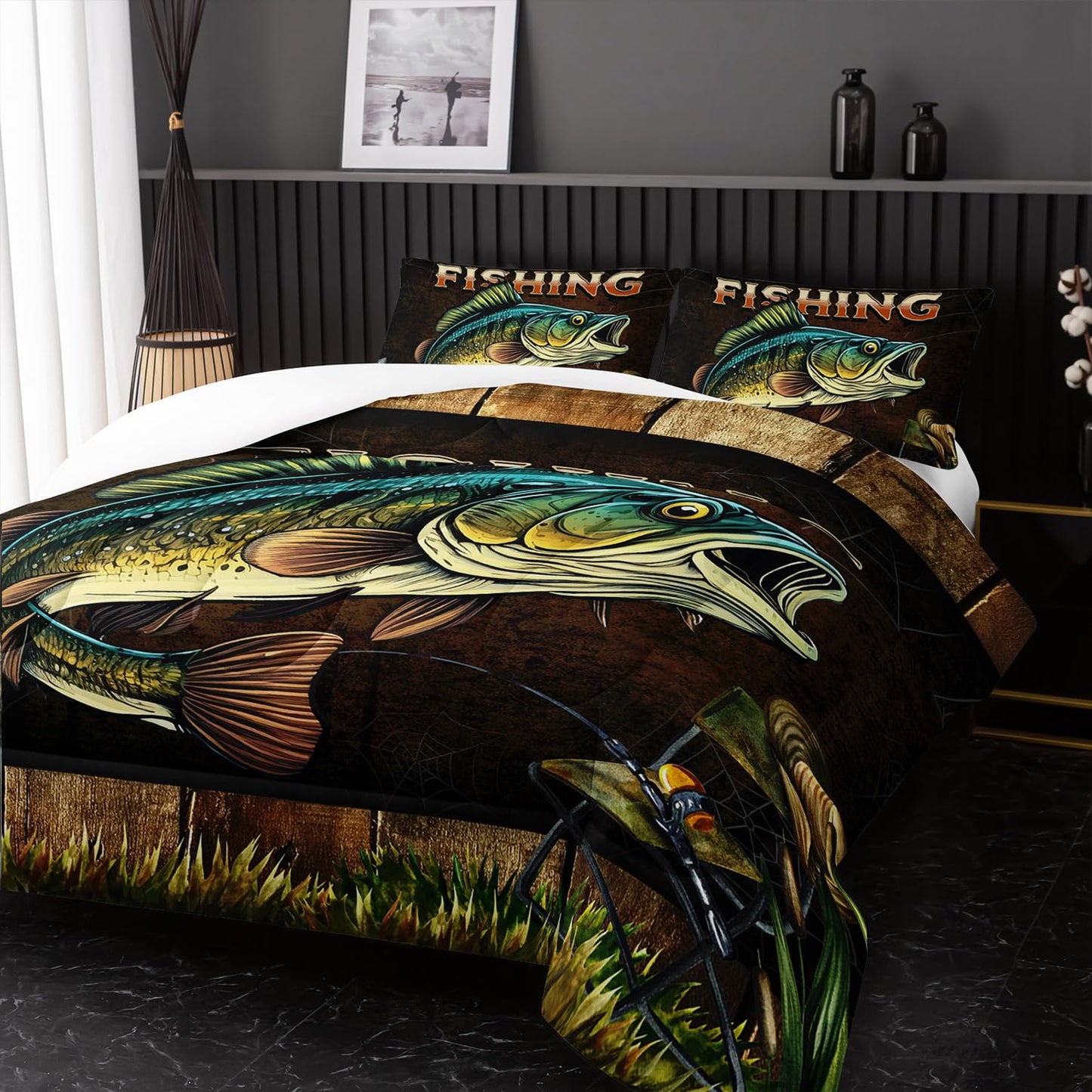 Nttopship Big Pike Fish Bedding, Bass Fishing Comforter Set Hunting and Fishing Brown Green Bedding Set Themed Comforter Set for Kids Boys Room Decor, Twin Bed in a Bag for Teens with 2 Pillowcases