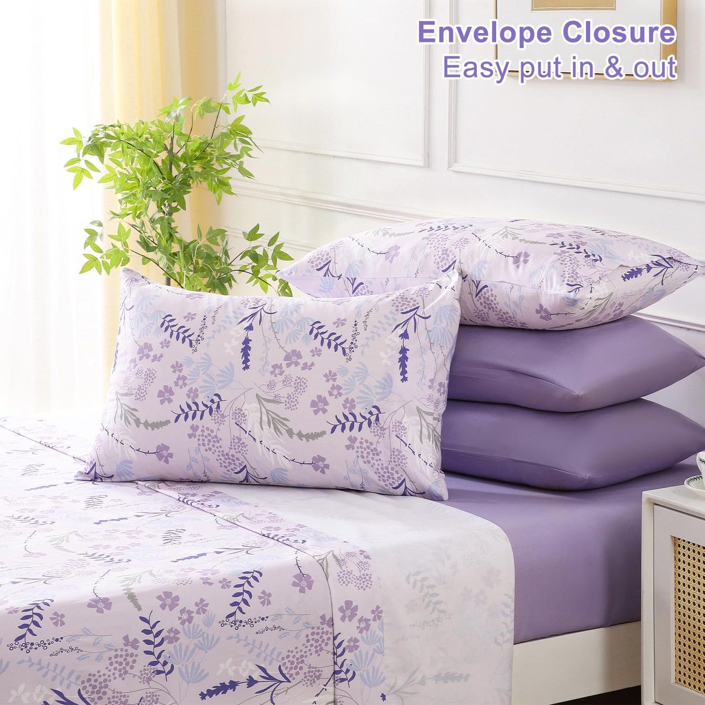 Botanical 6-Piece King Size Sheets Set, Boho Floral Print Brushed Microfiber Sheets, Cooling Bed Sheet Set, Ultra Soft & Breathable, 16' Deep Pocket Fitted Sheet & Pillowcase Set, Purple Floral