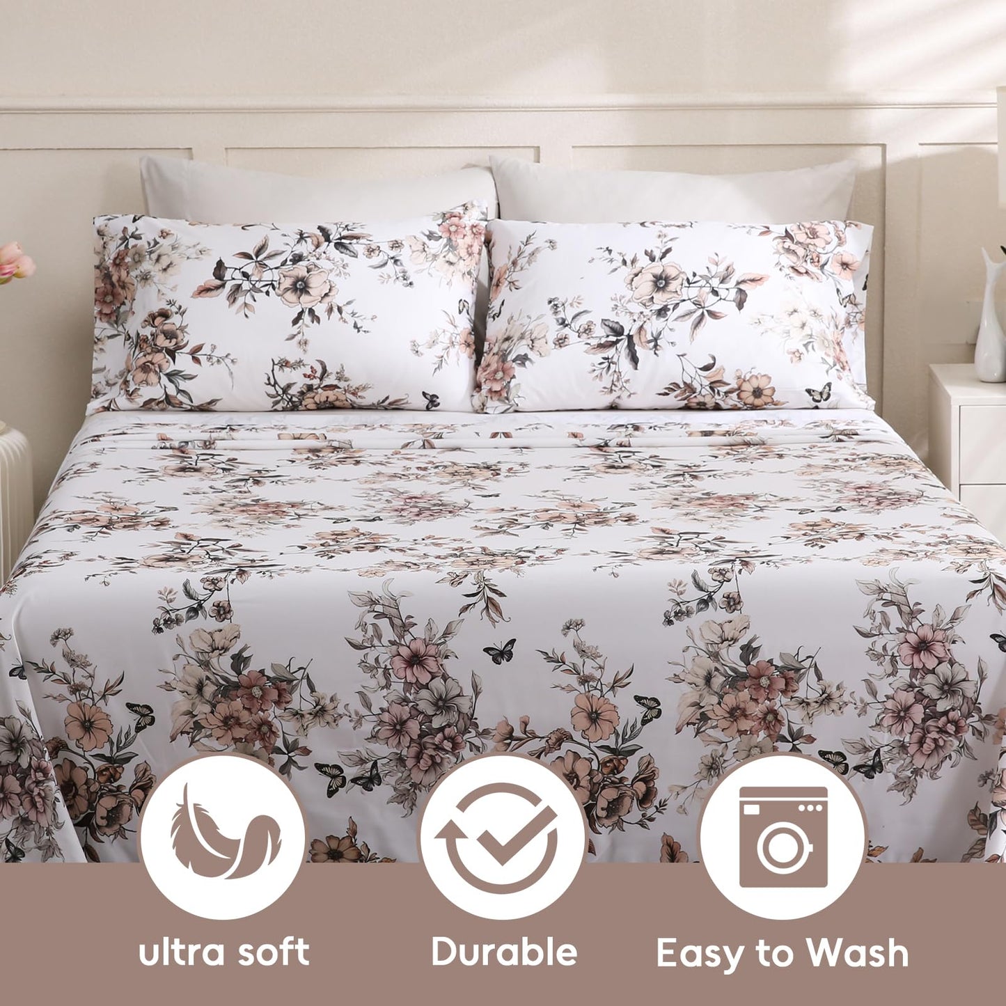 LONAVA Floral Queen Size 6 Pcs Sheet Set, Breathable Microfiber Deep Pocket Light Grey Fitted Sheets, Comfy & Breathable Patterned Flat Sheets,4 Gentle Soft Pillowcases, Withered Flowers