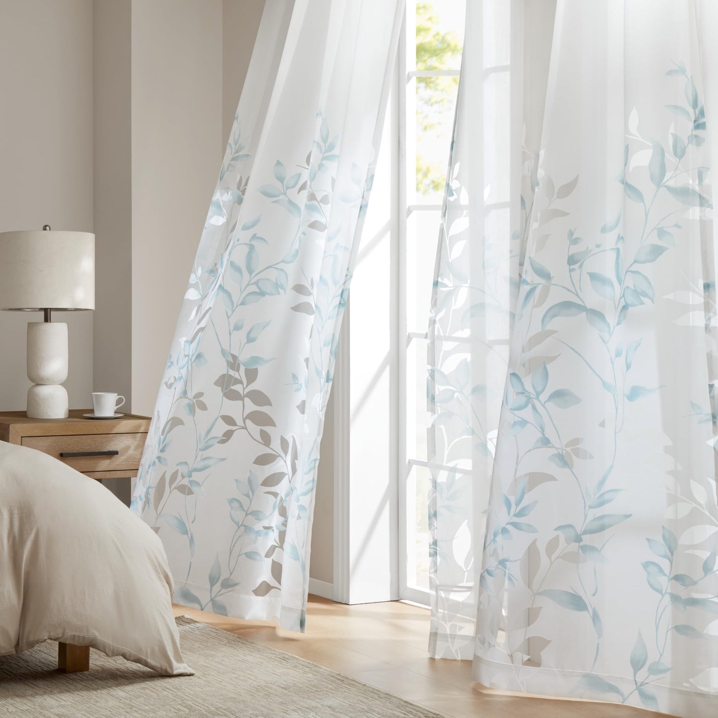 Madison Park Cecily Semi Sheer SINGLE Panel Window Curtain Burnout Botanical Print, Easy To Hang, Fits up to 1.25" Diameter Rod, 50x84", Leaves Aqua
