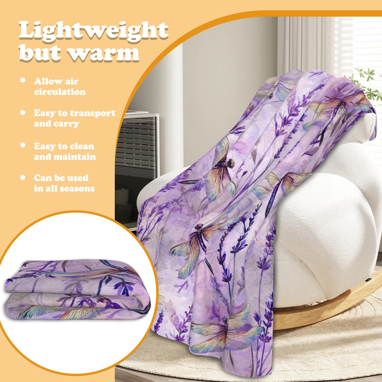 DKODKO Purple Dragonflies Lightweight Flannel Bedding Blanket,Washable Fleece Watercolor Dragonflies Throw Blanket for Bed, Couch, Sofa, Camping,60''x 50''