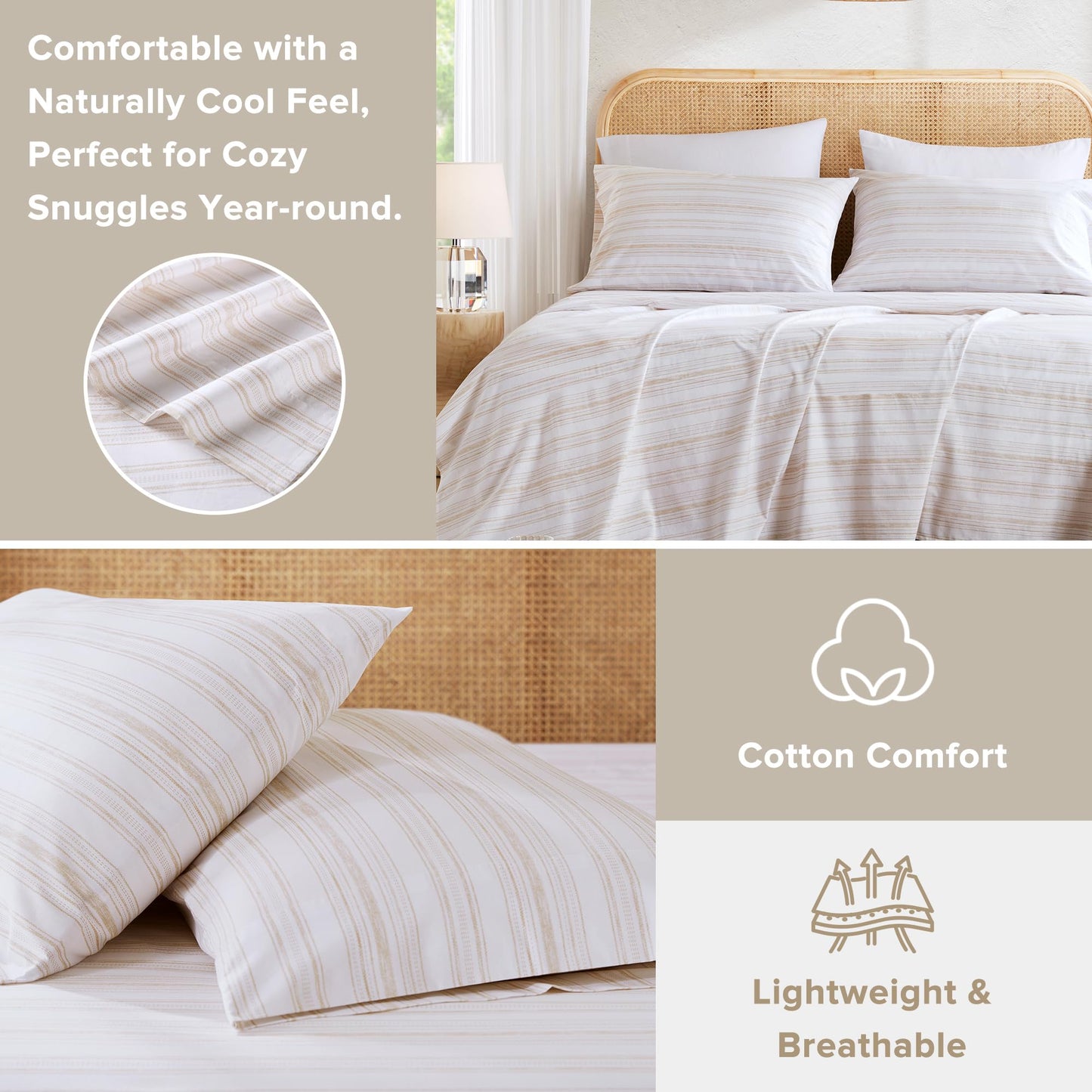 Comfort Spaces 100% Cotton Sheets Full, Breathable, Naturally Cool Cotton Sheets, Cotton Bed Sheets with 14" Elastic Pocket Fits up to 16" Mattress, All Seasons Sheet Set, Good Vibes Taupe 4 Piece