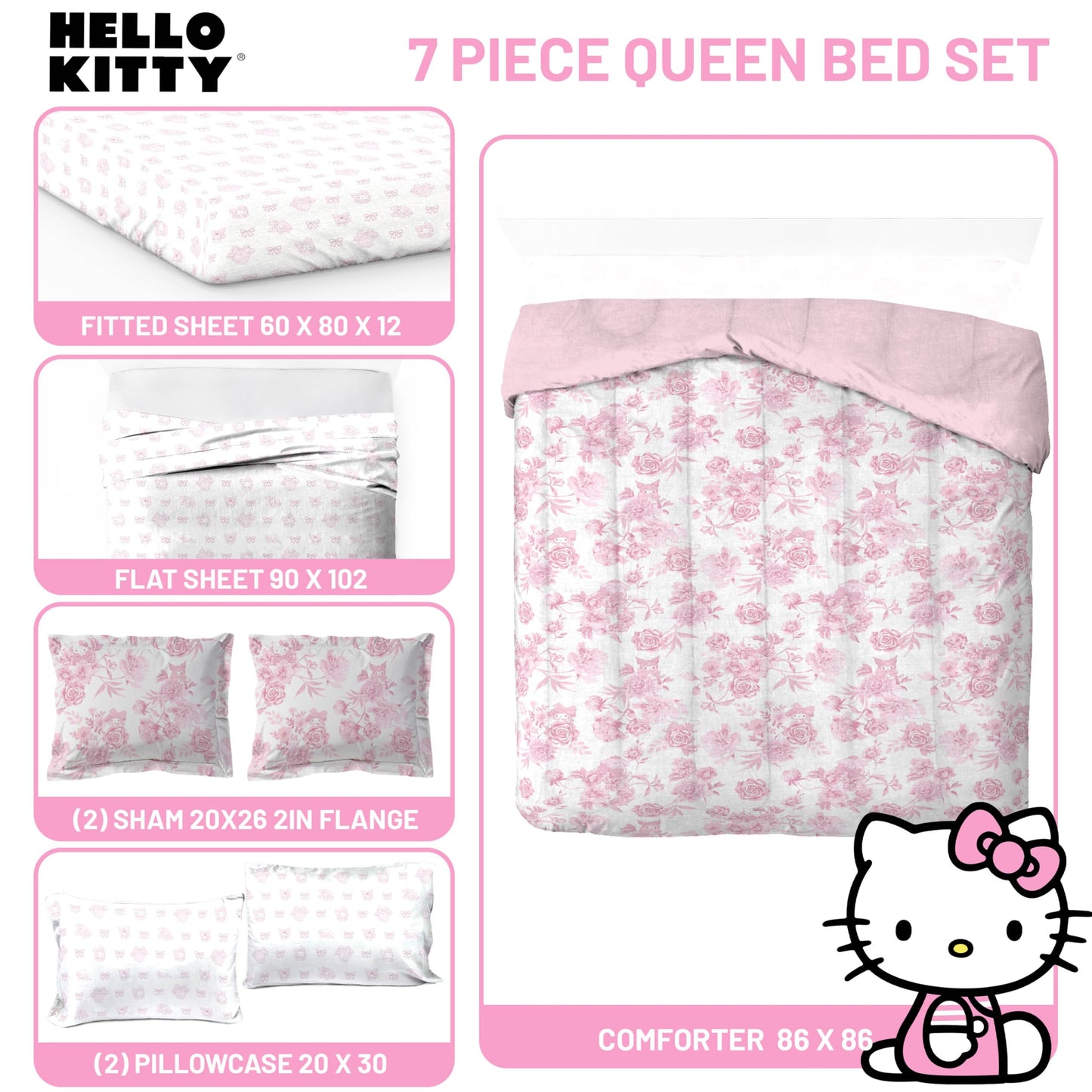 Jay Franco Comforter Set Includes Sheets and Pillow Covers - Soft and Cozy Bed Set for Stylish Room Decor, Official Licensed Bedding, Multi - Hello Kitty, 7 Piece Queen