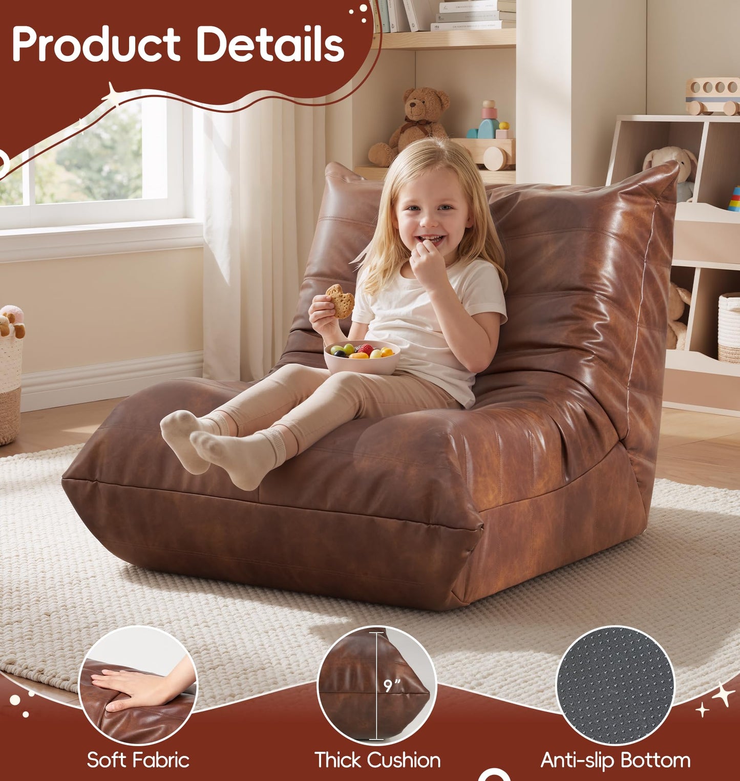 Hobestluk Bean Bag Chair for Kids Toddler Bean Bag Chair with Memory Foam Filler Leather Beanbag with Spacious Design Bean Bag Couch for Reading Gaming Relaxing (Brown, Small)