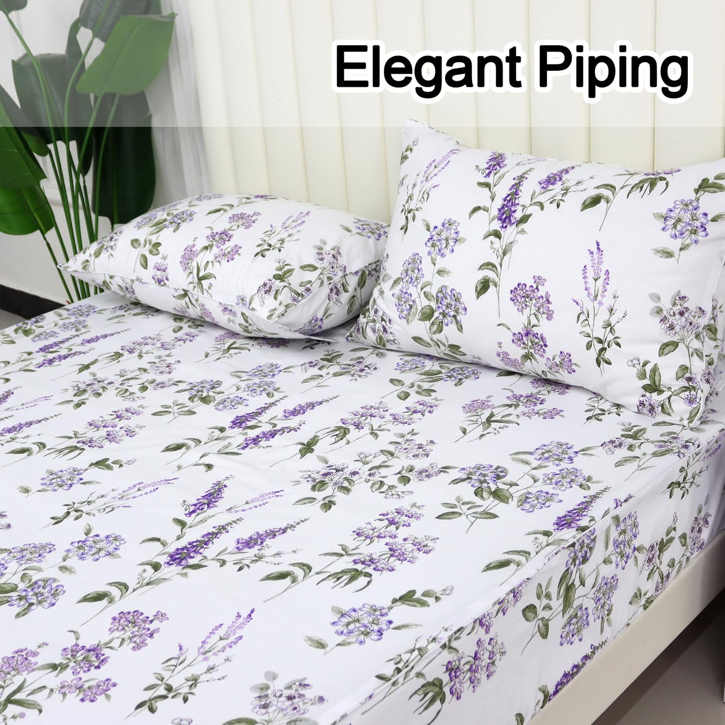 Helthep Floral Sheet Set King Size 100% Cotton Purple Floral Pattern Sheets Botanical Shabby Printed Bed Sheets Set Luxury Percale Warm 17.5" Deep Pocket Ultra Soft and Beathable, 4Pcs