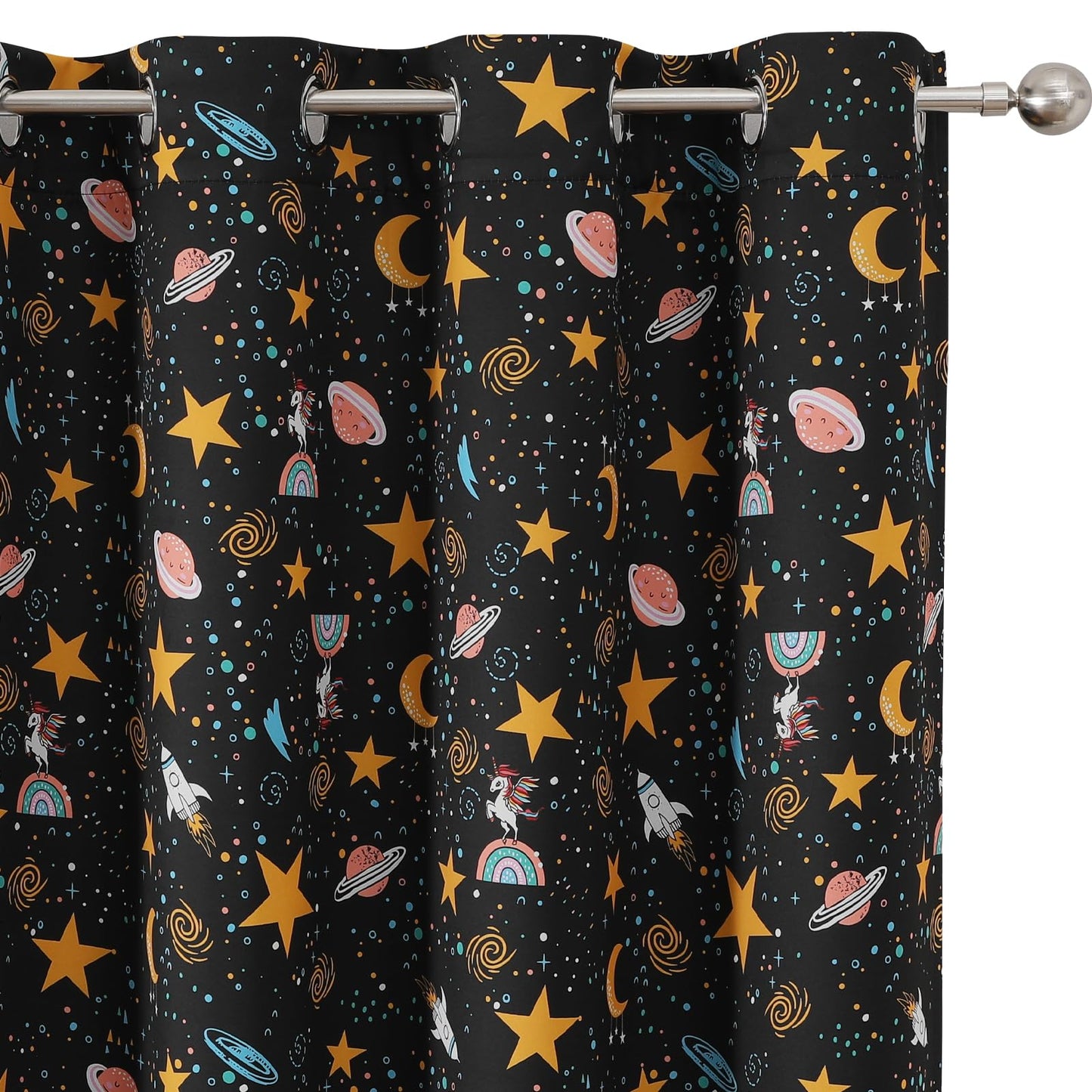 Estelar Textiler Unicorn Planet Printed Black Blackout Curtains 63 Inch Long for Nursery, Thermal Insulated Room Darkening Star and Moon Grommet Window Drapes for Kids Bedroom(38"W x 63"L, 2 Panels)