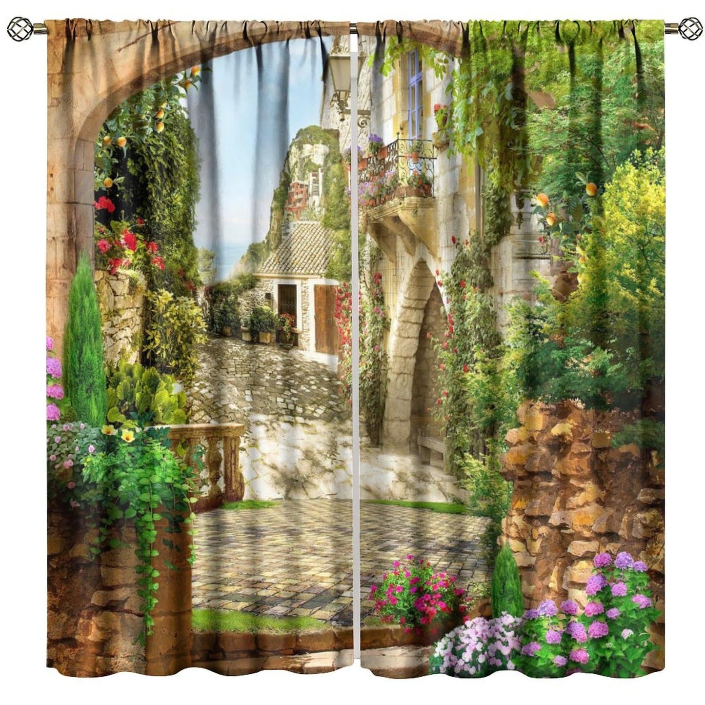 GoDazzling European Natural Landscape Curtains, Stone Arch Beautiful Italian Courtyard Rod Pocket Window Drapes, for Living Room Bedroom 41" W X 45" L (No Blackout)