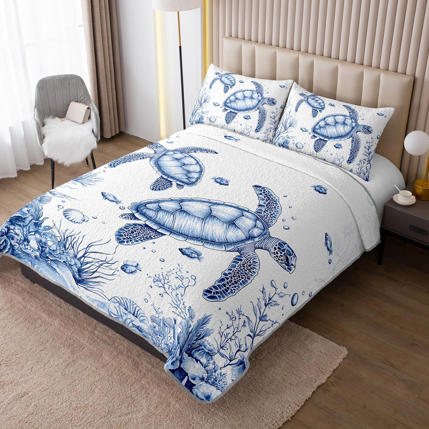 HOSIMA Sea Turtle King Size Quilt,Sea Turtle Print Lightweight Quilt,Shells Fish and Corals Pattern Coastal Bedding for Room Decor,Ocean Themed Bedding with 2 Pillowcases.