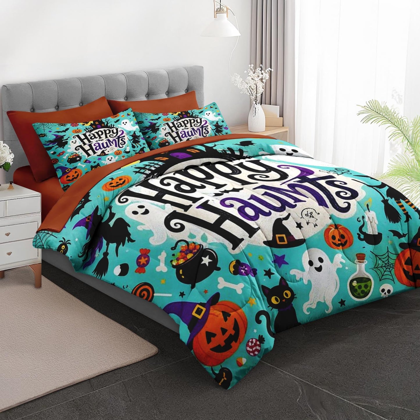 Boewywh Comforter Set Twin Size Halloween Witch Ghost 7 Pcs, Bedding for Kids and Adults, Bed Sheet Sets with Fitted Sheet 2 Pillowcases & 2 Shams for Bedroom Bed Decor