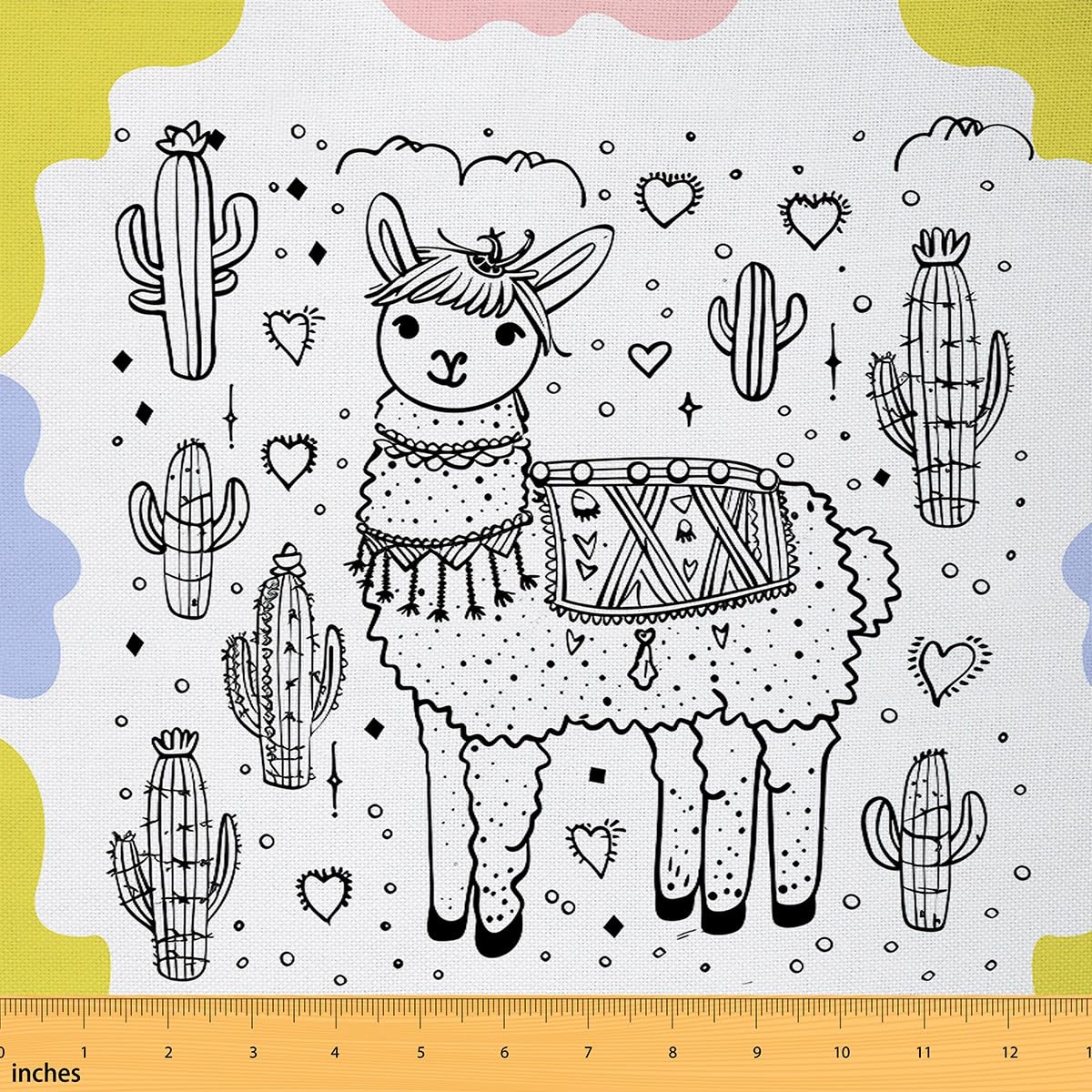 Cartoon Alpaca Fabric by The Yard Hand Drawn Style Cute Cactus No Stretch Fabric for Sewing Lovely Animal Hippie Graffiti Soft Flannel Polyester Fabric for DIY Home Accents 1 Yard Pre-Cut,36"x59"