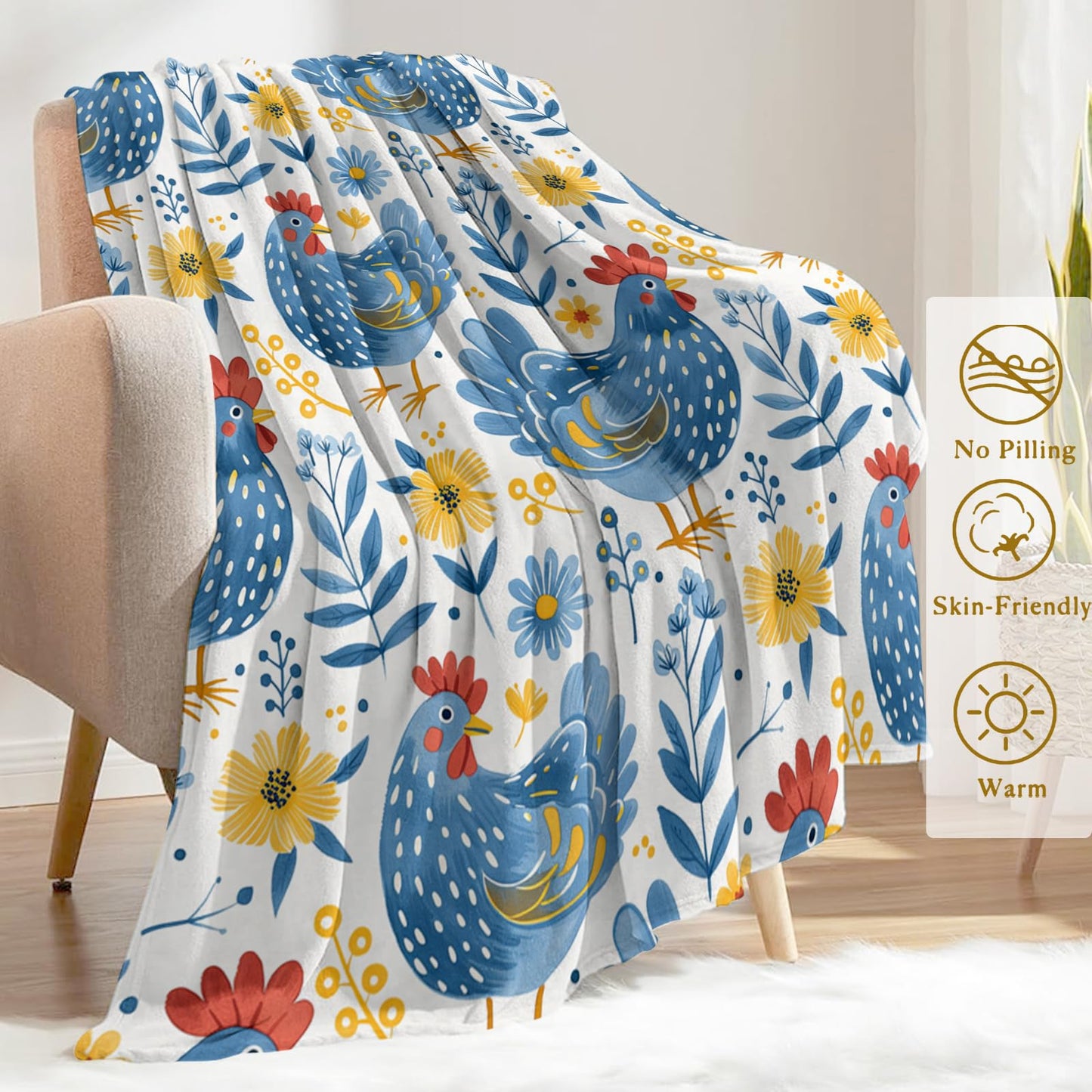 ainori Farmhouse Rooster Throw Blanket 50x60 in, Blue Chicken Flowers Blankets for Couch Bedroom Living Room Indoor Decor, Lightweight Soft Cozy Bedding Birthday Gift for Kids Boys Adults