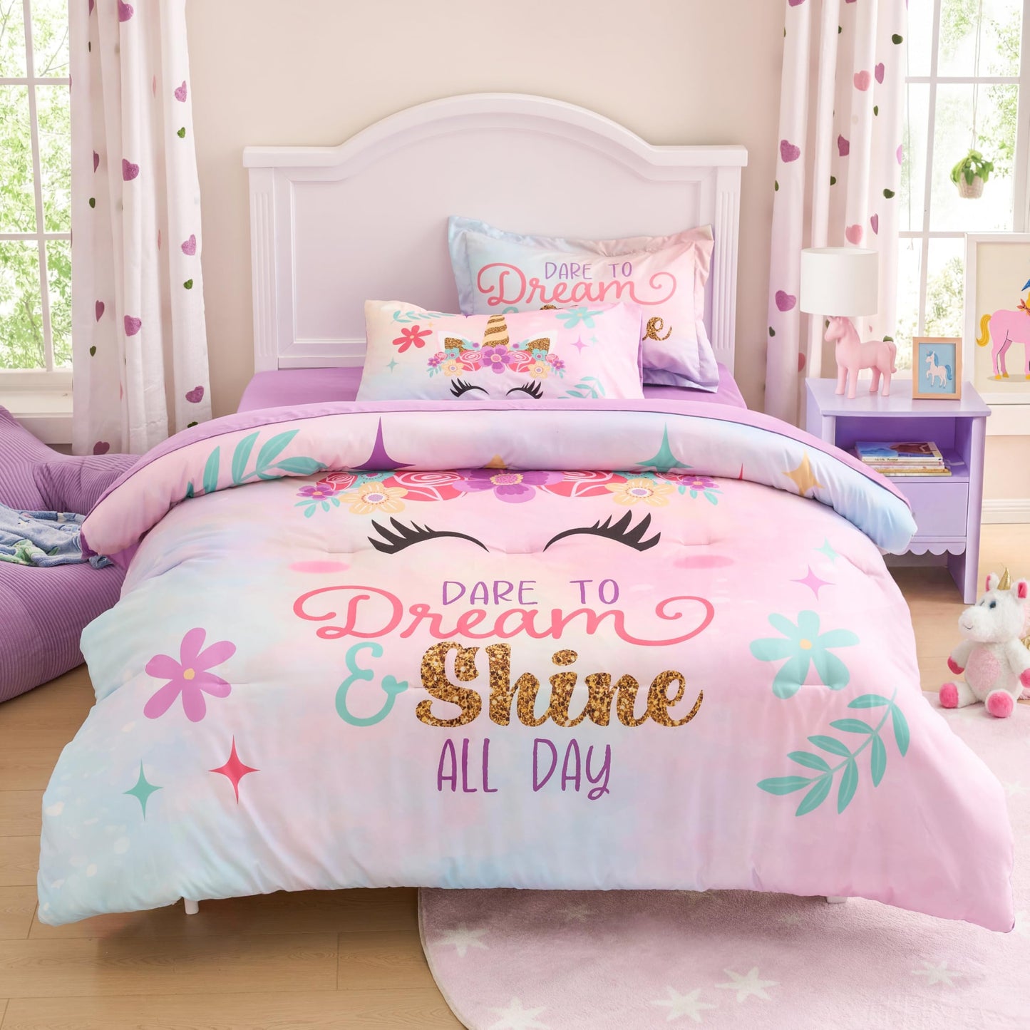 Joiedomi Kid Twin Comforter Set 5 Piece Unicorn Bedding Set for Boys Girls Super Soft Microfiber Bed in a Bag with Comforter Sheets Pillowcase Sham
