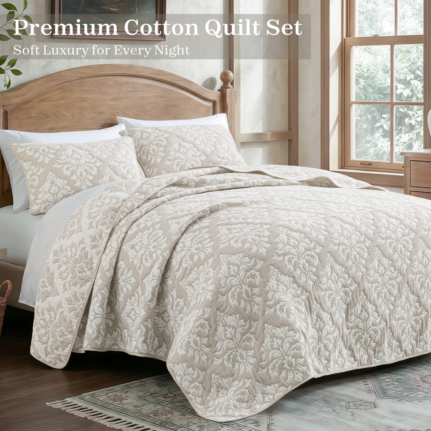 Exclusivo Mezcla Cotton Quilts King Size Beige, Soft Lightweight Bedspread Breathable Prewashed Bed Coverlet with 2 Pillow Shams, Boho Pattern Yarn Dyed Muslin Quilt Bedding Set for All Seasons