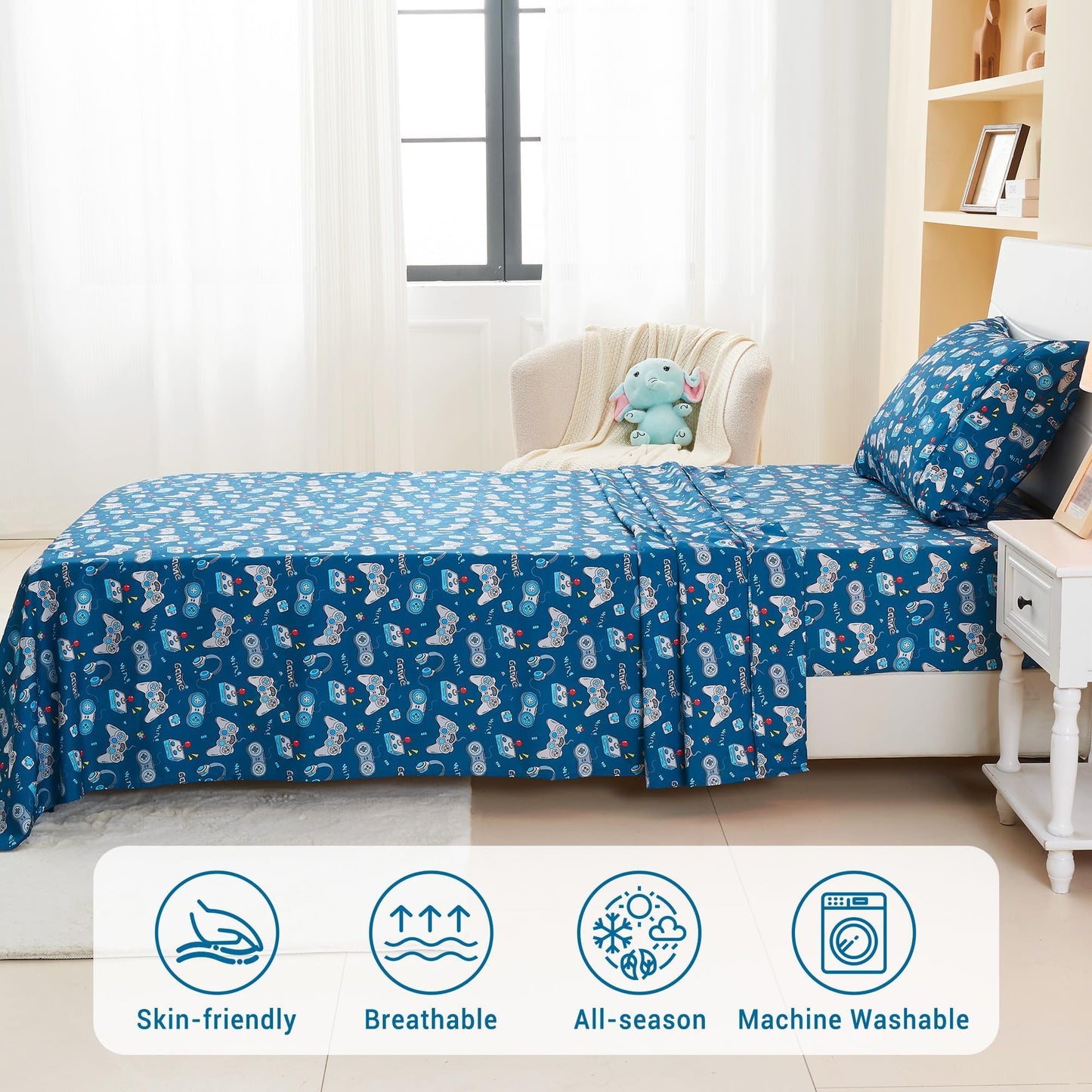 Softan Kids Bed Sheet Set, 3-Piece Twin Sheets Set, Microfiber Fitted Sheet with 15 Inches Deep Pocket and Corner Straps, Breathable & Silky Soft Game Controller Printed Sheet and Pillowcase Sets