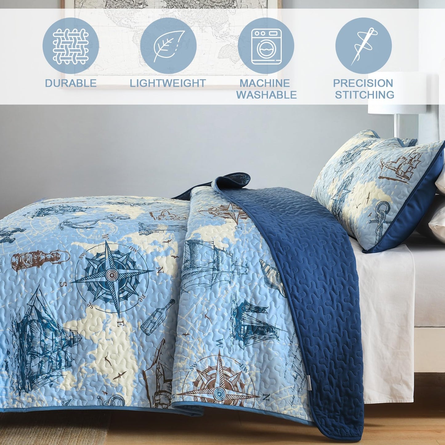 DJY Beach Quilt Set Queen Size,3 Piece Anchor and Sea Horse Coastal Ocean Bedspread Coverlet Set with 2 Pillow Cases Lightweight Soft Microfiber Bedding Set Thin Quilt for All Seasons (96"x90")