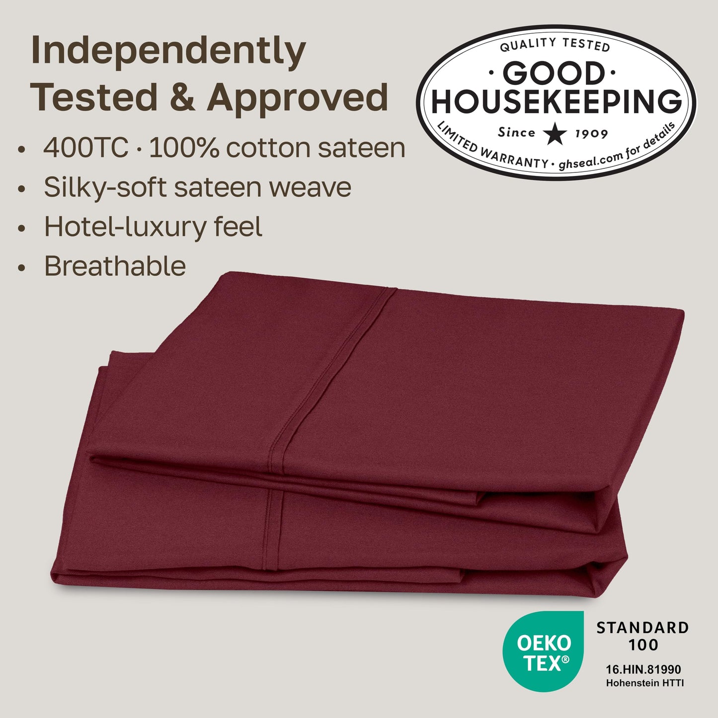 California Design Den Standard Queen Size Pillowcase Set - 400 Thread Count, 100% Cotton Sateen, Set of 2 Pillow Covers, Soft and Breathable - Burgundy Red