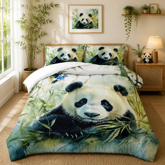 Nttopship Cute Panda Bedding Set 3 PCS Kids Panda Comforter Set Twin Size for Kids Boys Girls Animal Theme Comforter Kawaii Animal Soft Machine Washable Green 1 Comforter with 2 Pillowcases