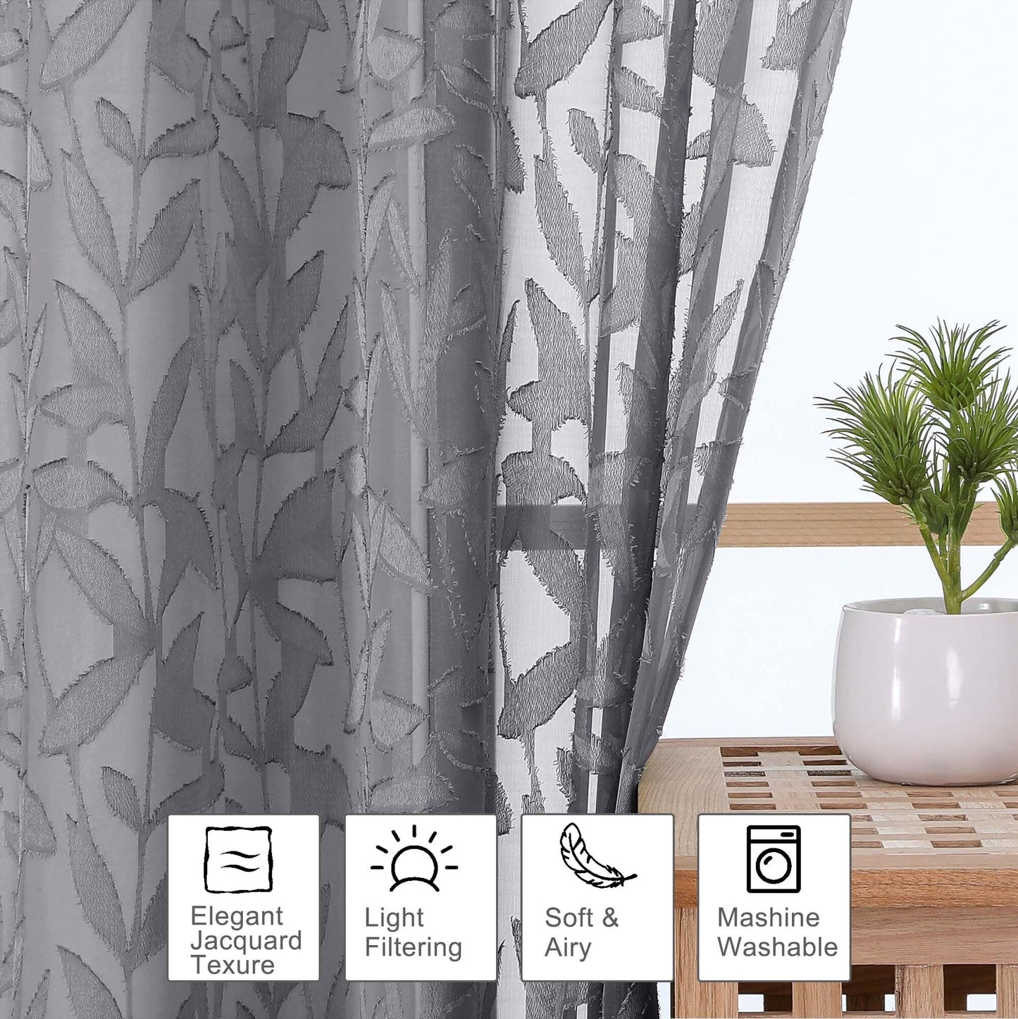OWENIE Leyna Charcoal Gray Sheer Curtains 84 Inches Long for Living Room Bedroom 2 Panels Set, Modern Clip Jacquard Leaves Textured Light Filtering Curtains, Double Rod Pockets Drapes, 40Wx84L Inch