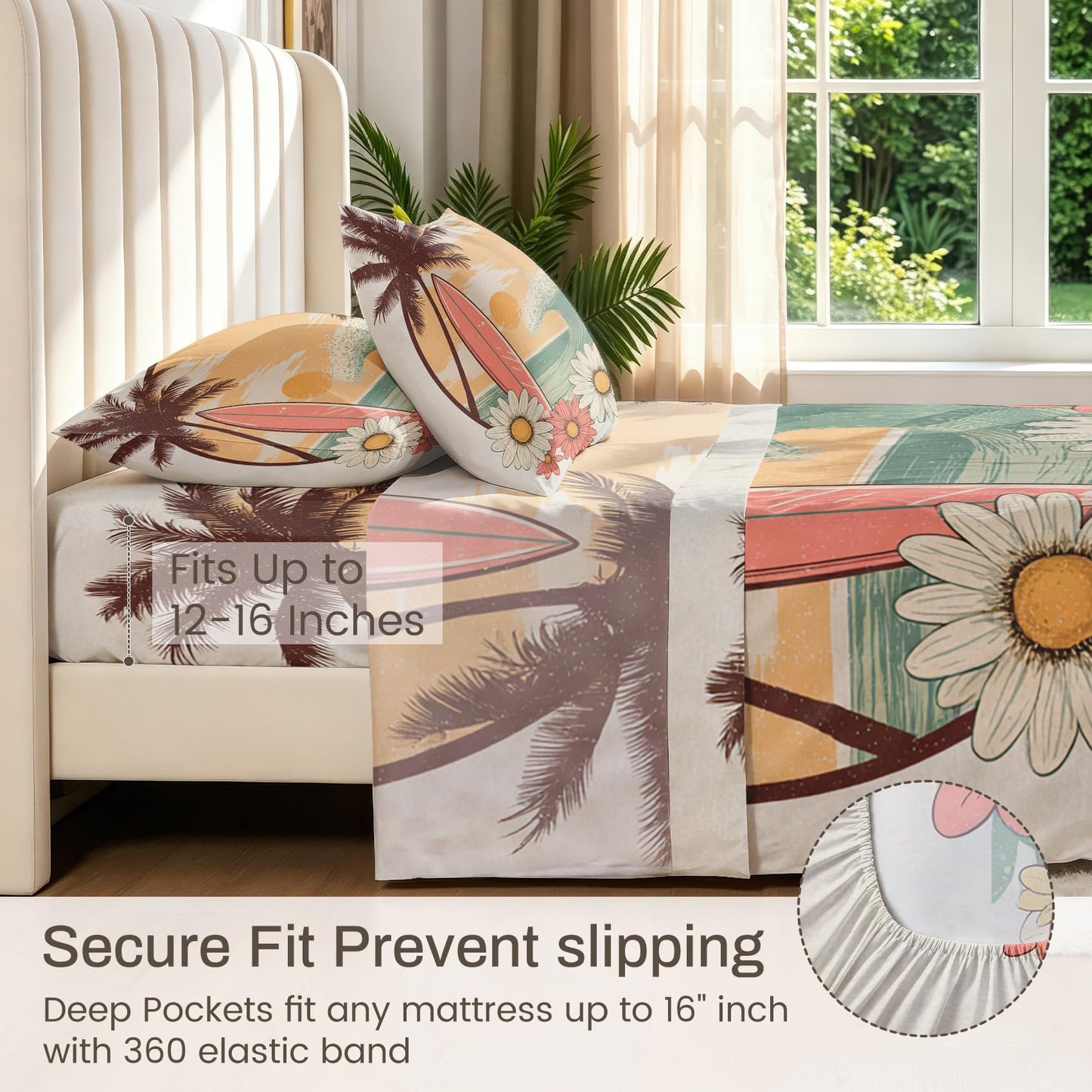 Tropical Beach Sheet Set, 4 Pcs Full Size Surfing Themed Bed Sheets