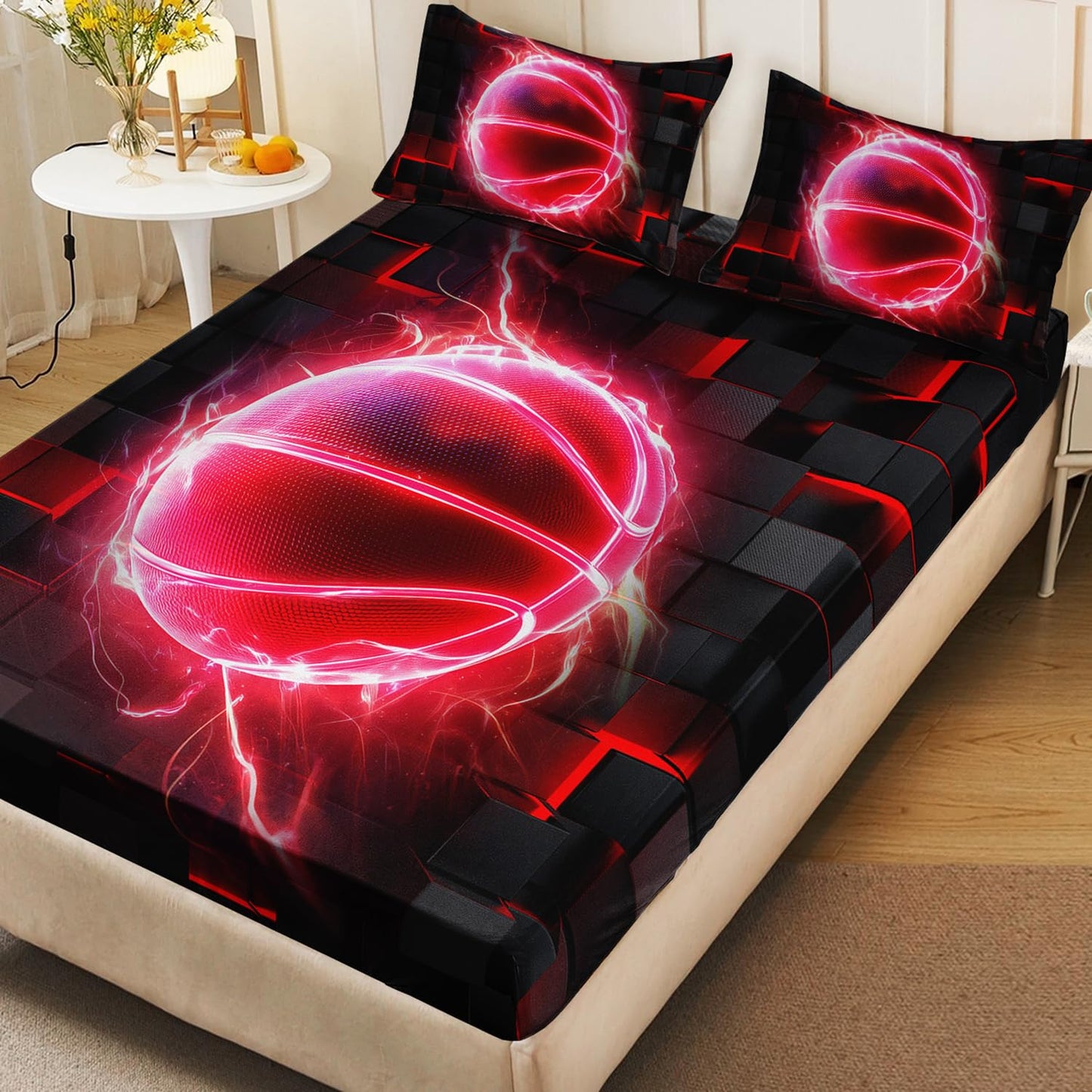 HOSIMA Basketball Fitted Sheet Twin,Basketball Wrapped in Flames,Black Red Geometric Background Pattern Cool Extreme Sports Bedding for Kids Boys Room Decor,1 Fitted Sheet+2 Pillowcases.