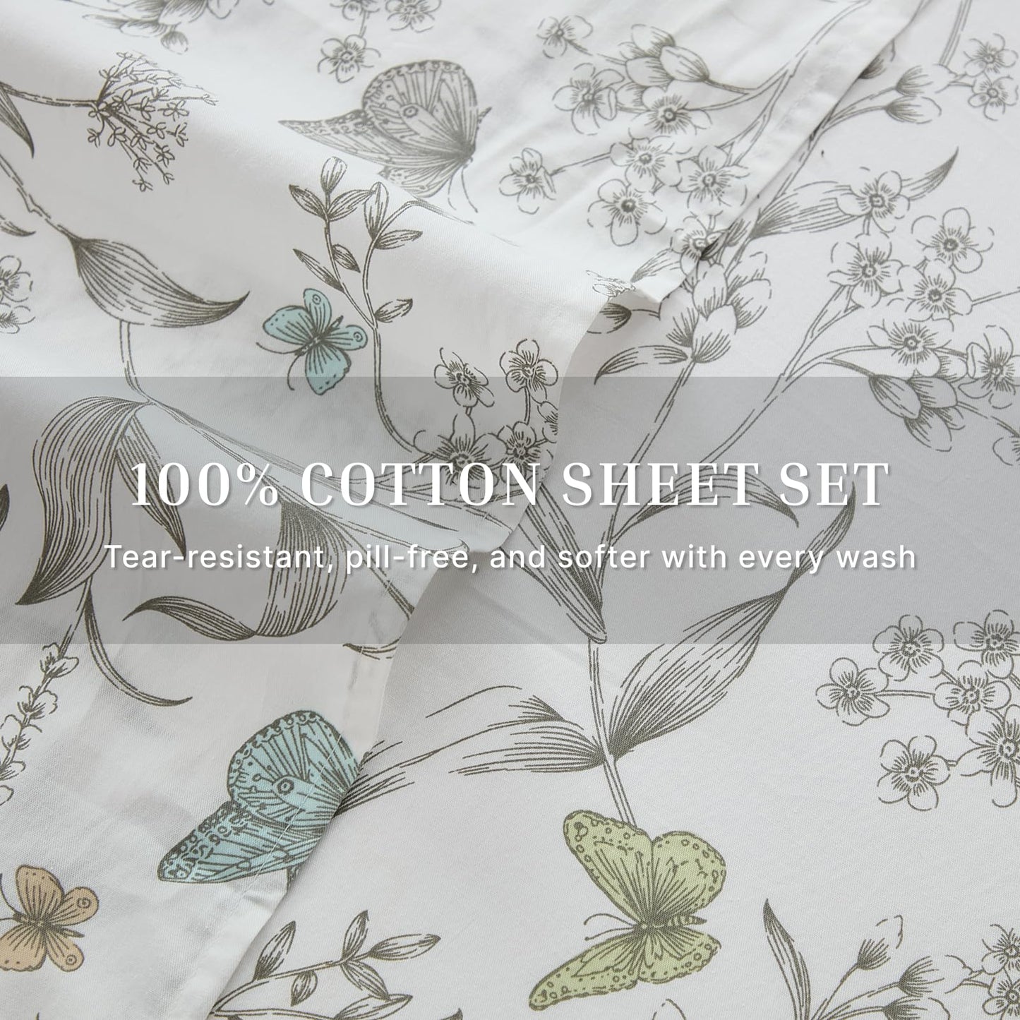 Cozaline 100% Cotton Sheet Set King Size – 4-Piece Chic White Floral Bedding Set, Soft Breathable Percale Weave, Deep Pocket Fitted Sheet 17.5", Crisp Cool Feel, Refined Botanical Elegance