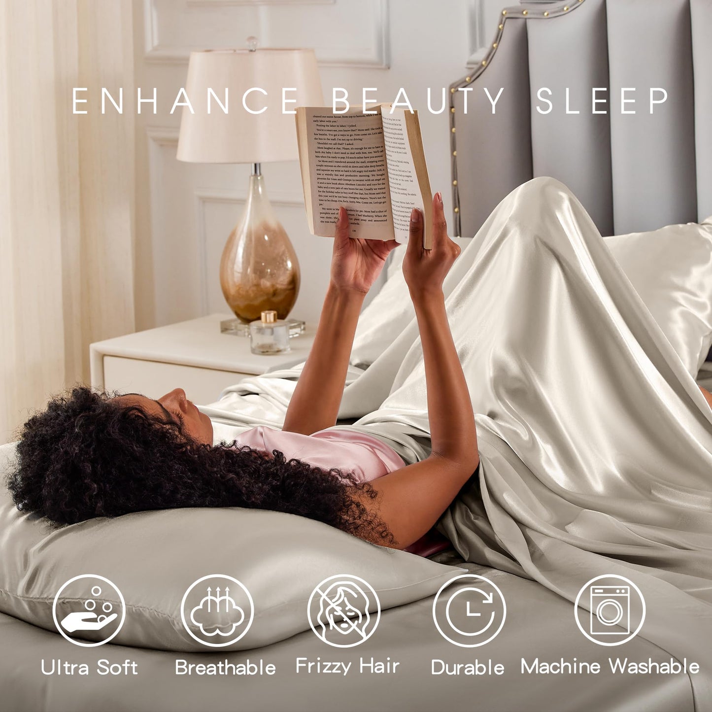FreshCulture Satin Sheets Full Size - 4 Piece Luxury Soft Silky Full Size Bed Sheets, Similar to Silk Bed Sheet Set with 1 Deep Pocket Fitted Sheet, 1 Flat Sheet & 2 Pillowcases (Champagne)