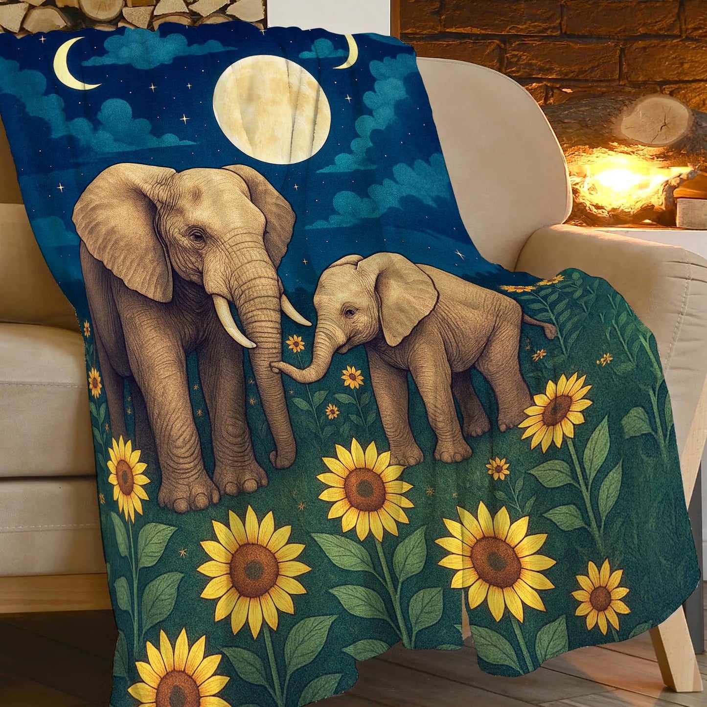 Elephant Blanket Cute Elephant Sunflower Throw Blanket Soft Warm Cozy Fleece Fuzzy Plush Stuff Animal Bedding Toddler Nursery Baby Blankets Gifts for Boys Girls Kids Adult Men Women 40"X50"