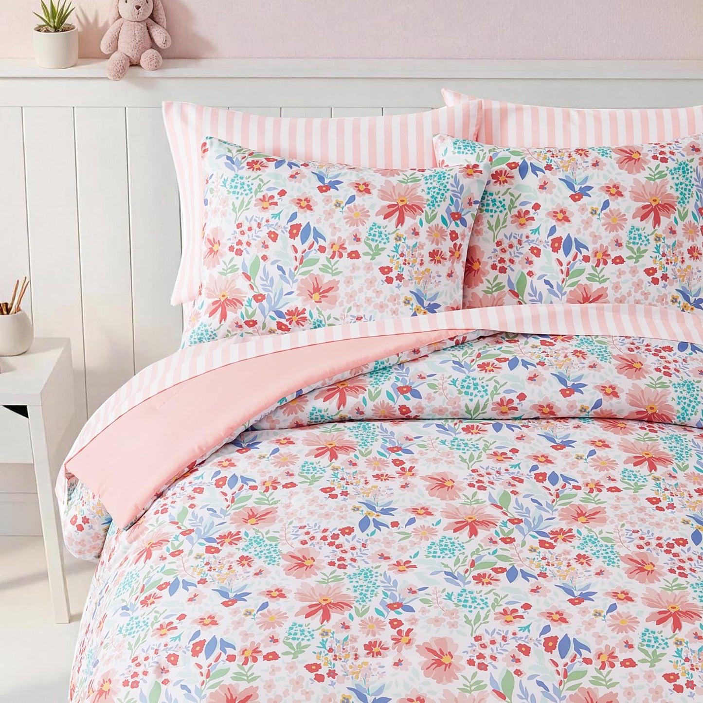 Kaleido Space Twin Comforter Set for Girls Kids - 5 Pieces Pink Flowers Patterns Twin Bedding Sets for Girls Teen, Soft Cozy Bed in a Bag with Sheets