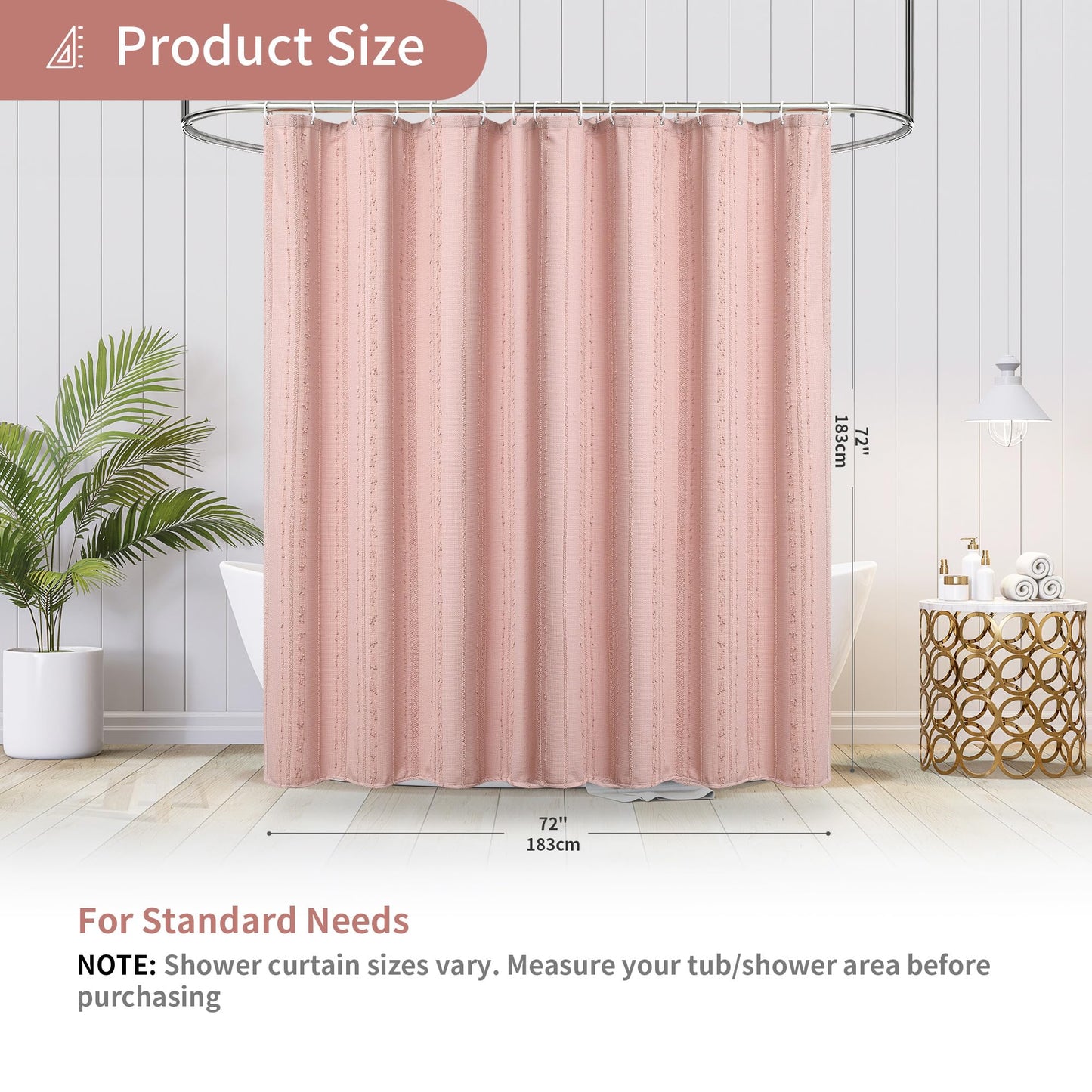 Lameirose Pink Shower Curtain Boho, Cotton Blend Waffle Shower Curtain Textured, Fabric Shower Curtains for Bathroom, Washable 72 x 72