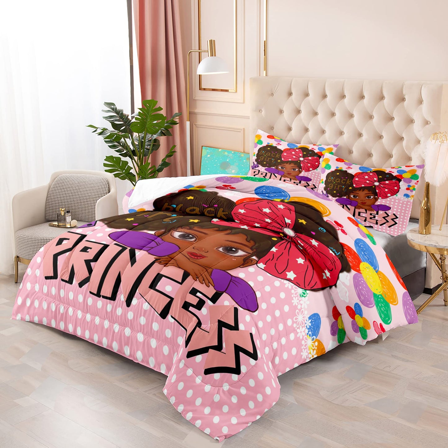 Jiospet Black Girl Full Size Comforter Sets for Girls, African Full Girls Room Cute Full Set Pink Princess Full Bedding Set, Full (1 2 Pillowcases)