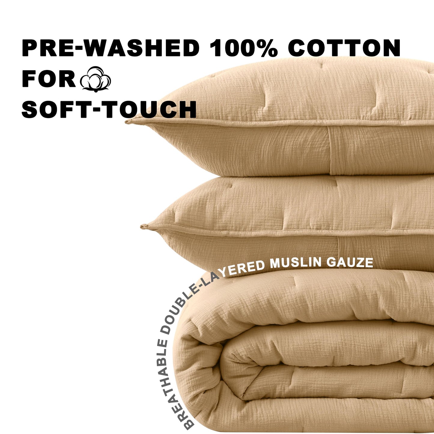 COZYXWORLD Pre-Washed 100% Cotton Muslin Gauze Comforter Set, 3 Piece Full/Queen Quilt Set, Duvet Insert with Corner Loops, 1" Line Quilted, Dune Beige