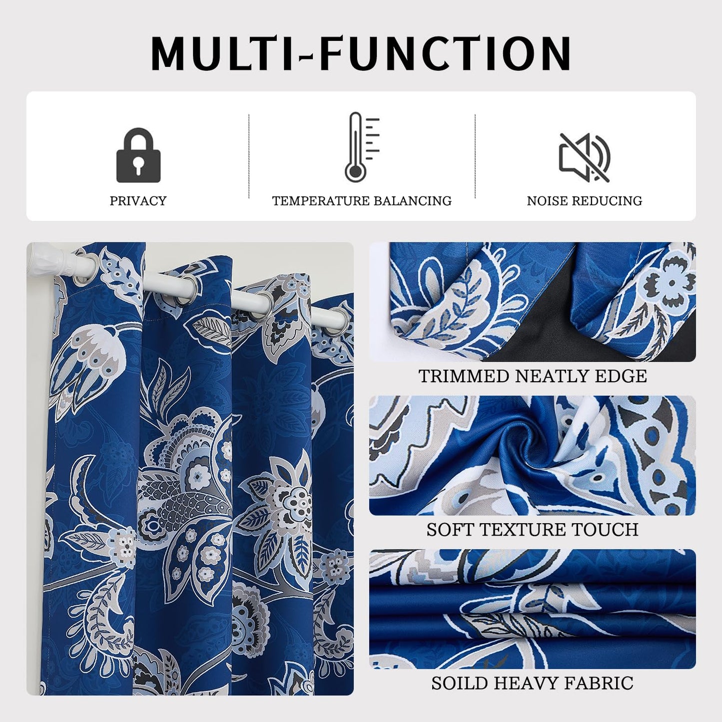 NAEMBCU Navy Blue Floral Blackout Curtains 84 Inch Length, Vintage Flower Window Drapes with Light Blocking & Thermal Insulated Curtains for Bedroom Living Room, 2 Panels Set