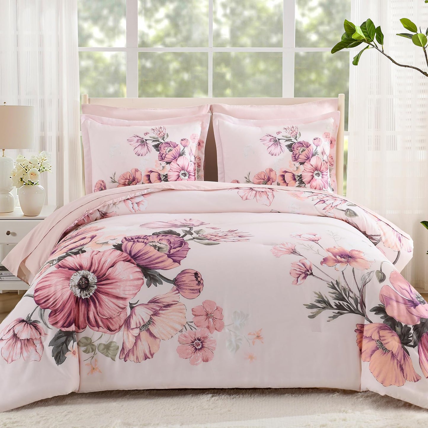 LLDSYW Queen Comforter Set - 7 Pieces Bed in a Bag Pink Floral Queen Comforter Set with Sheets, Soft Microfiber Flower Complete Bedding Set for All Seasons（Pink,90"x90"）