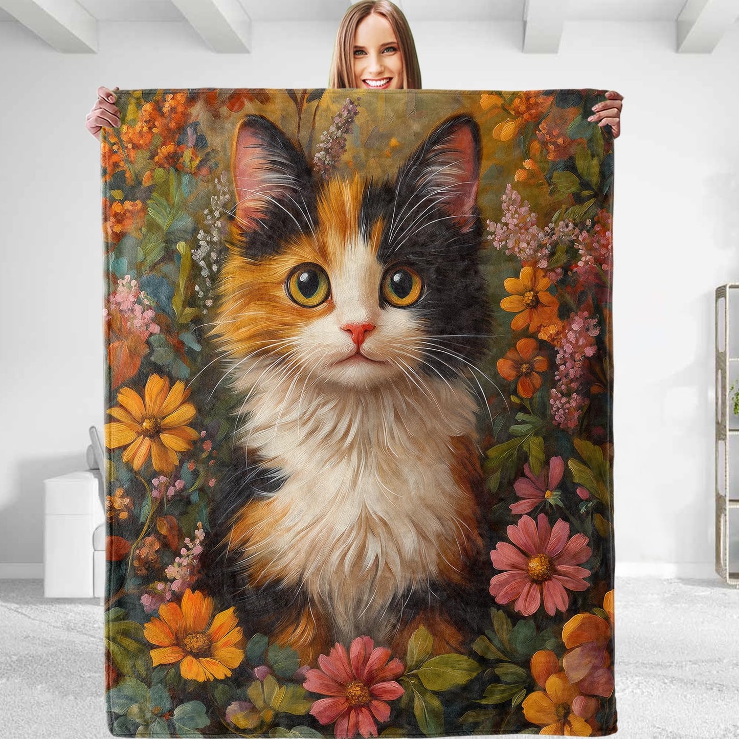 dhakalrlde Cute Cat Floral Blanket,Decorative Throw with Adorable Kitten and Flower,Lightweight Flannel Blankets for Cabin Couch Living Room Office,Ideal Gifts for Girls Kids Pet Lovers 50"x60"